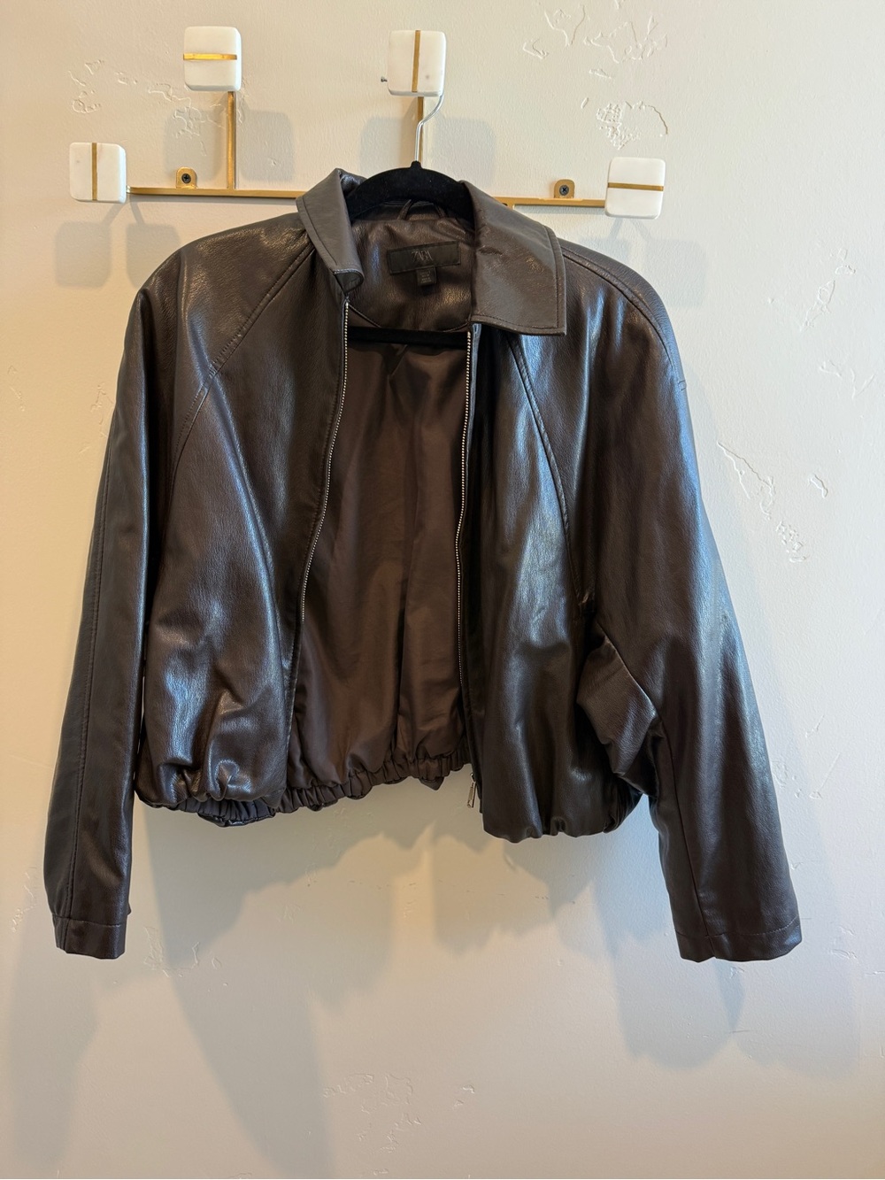 Zara Dark Brown Faux Leather Bomber Jacket